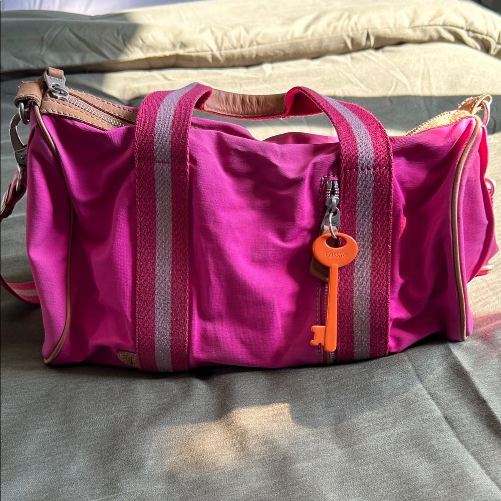 Fossil Vibrant Pink Duffel Bag with Orange Key Charm